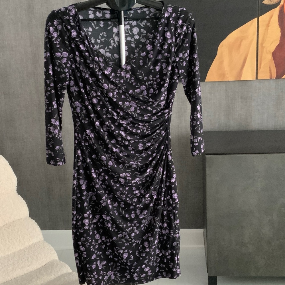 Chaps Black and Purple Floral Long Sleeve Dress